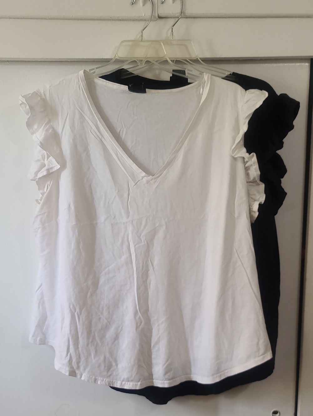 White & Black V-Neck Ruffle Sleeve Tank Tops (sold together)
